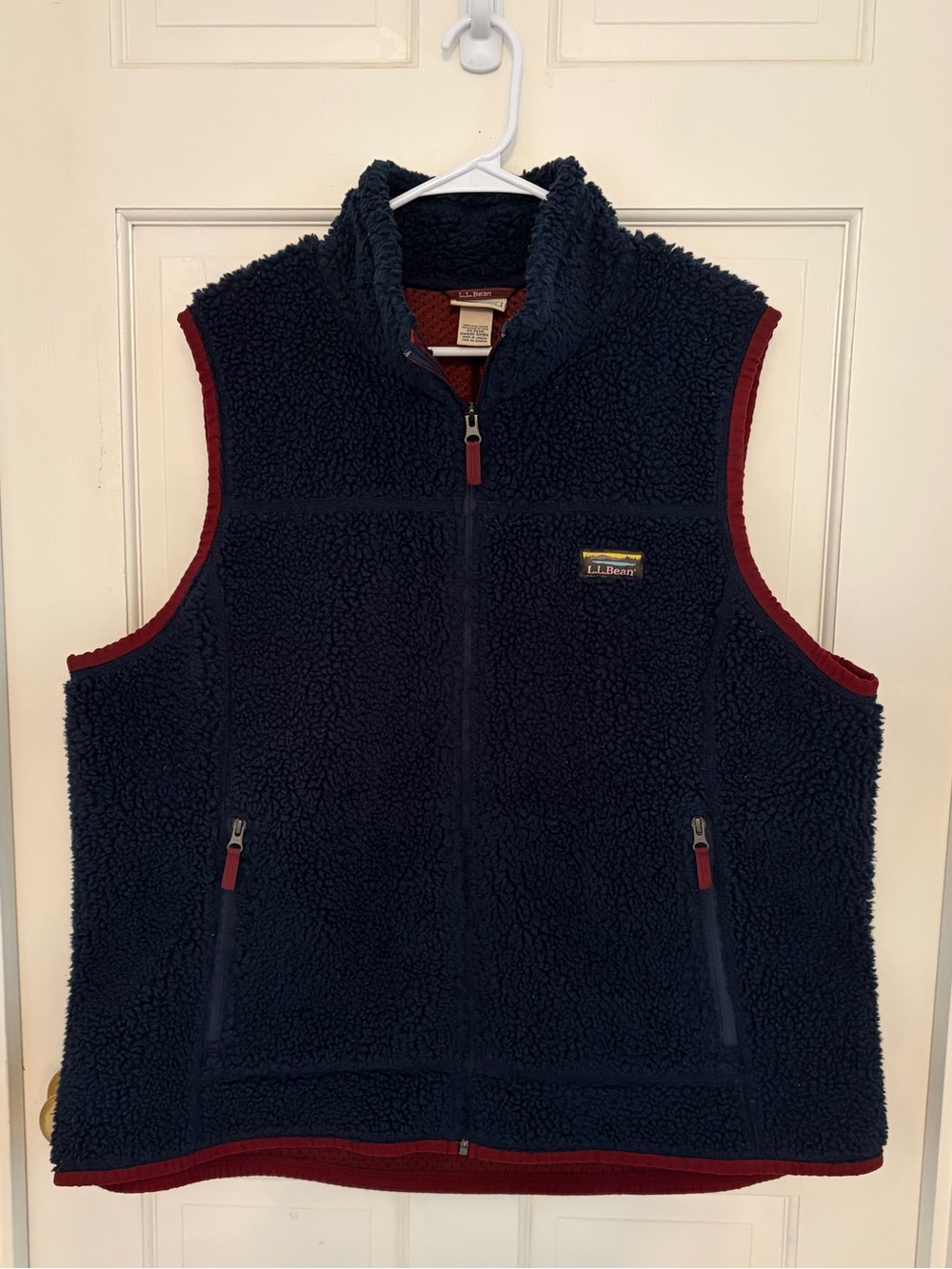 LL Bean 2X Mountain Pile Fleece Vest navy burgundy trim zippered pockets New
